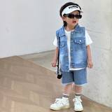 SHEIN pcsSet Young Boys Daily Casual Short Sleeve Shirt Vintage Washed Denim Vest  Shorts Summer Outfits
