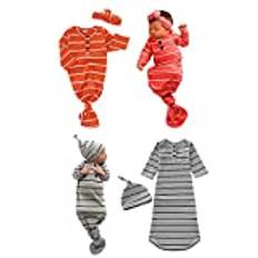 Bigbuyu Baby Gown Newborn Cotton Nightgown with Bow Headband Striped Baby Sleeping Bags Unisex Coming Home Outfits Set (Orange)