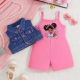 Baby's Cartoon Girl Print 2pcs Trendy Summer Outfit, Denim Vest & Sleeveless Romper Set, Toddler & Infant Girl's Clothes For Daily/holiday, As Gift - Rose Red - 9-12M