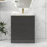 Lyon 700mm Gloss Anthracite Fluted Floor Standing Vanity Unit 2 Door with Stone Basin & Brushed Brass Handles