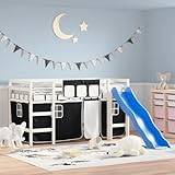 RAUGAJ Beds & Bed Frames Kids' Loft Bed with Curtains White&Black 80x200cm Solid Wood Pine Furniture