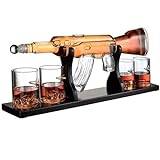 AK47 Big Pistol Whisky Decanter Set - 1000 ML Home White Wine Decanter with 4 Bullet Cups - Ideal for Vodka, Rum, Tequila - Brandy Glass Set in Safe Package - Wooden Base