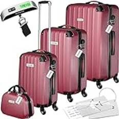 TecTake® Hard Shell Suitcase Set, Lightweight Suitcases with TSA Lock Including Extra Large, Large, Medium and Beauty Case, 360 Degree Wheels, Telescopic Handle and Luggage Scale -Wine red