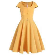 Womens 1950s Retro Rockabilly Princess Cosplay Dress Cap sleeve Audrey Hepburn 50's 60's Party Costume Gown(S-2XL) - Yellow