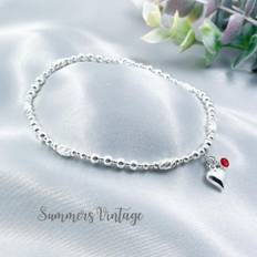 Sterling silver july birthstone anklet ruby beaded stretchy heart charm dainty