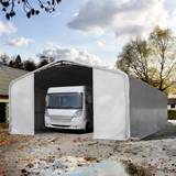 Toolport 8x24m 3m Sides Carport Tent / Portable Garage, 4x3.6m Drive Through, PVC 850, grey with statics package (concrete anchors) - (99470)