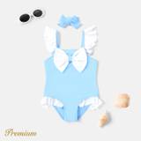 2pcs Toddler Girl Headband and Bow Front Ruffled One Piece Swimsuit