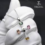TBJ ,Elegant cross with natural tourmaline multicolor gemstone necklace in 925 sterling silver fine jewelry with box - Multicoloured