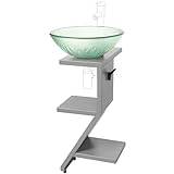 SURJUNY Cloakroom Compact Vanity Unit and Sink Tempered Glass Basin Tall Bathroom Cabinet, Transparent Green Basin, Light Gray Shelf