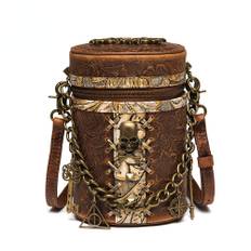 Unisex Steampunk Skull Embossed Bucket Bag with Chain - ONE SIZE