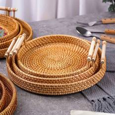 SHEIN pc Wooden Handle Round Wooden Tray Willow Basket Bread  Food Tray Fruit  Cake Plate Dinner Tray Handmade Rattan Tray HeatInsulated Pad For Fruit Plate