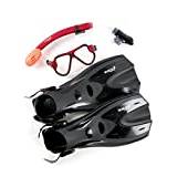 Two Bare Feet X-Dive Silicone Mask Dry Top Snorkel & F70 Fins Complete Diving Snorkel Set (M266S SN134S Red/Clear, F70 S/M)
