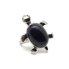 Black obsidian tortoise ring natural gemstone cocktail adjustable silver plated