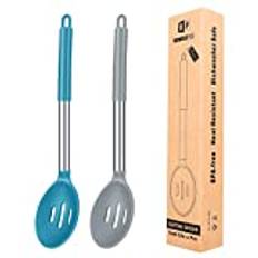 Pack of 2 Large Silicone Slotted Spoon,Kitchen Skimmer with High Heat Resistant, BPA Free Non Stick Cooking Ladle Strainer for Draining & Frying (Gray-Blue)