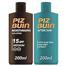 Piz Buin Sun Lotion SPF15 200ml Sun Protection Bundle with After Sun Soothing Cooling Moisturising Lotion 200ml