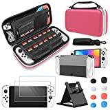 FYOUNG Carry Case for Nintendo Switch OLED and Protector Accessories Bundle, Travel Carrying Case Bundle with Switch OLED Protective Case, Screen Protector, Thumb Grips Accessories Kit - Fuschia Pink