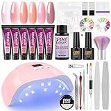 PEACECOLOR Poly Nail Gel Kits Full Set for Beginners with Lamp, Pink Nude Colors with Top and Base Coat Slip Solution Nail Art Decorations Manicure Tools Quick Building Nail Art Starter Kit