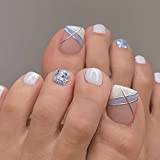24pcs French Tip False Toenails White Blue Press on Toe Nails Glitter Stick on Toe Nails Removable Glue-on Toenails Fake Toe Nails Full Cover Acrylic Toe Nail Art Tips for Women Girls