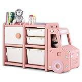 COSTWAY Kids Storage Units, Children Toy Organizer with Plastic Bins, Pull-Out Drawers and Door Cabinet, Toddler Storage Chest for Nursery Playroom Bedroom (Pink Car Shape, 112 x 35 x 66cm)