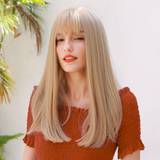 22 Inch Light Gold Medium Long Curly Hair Natural Bangs Elegant Heat Resistant Fiber Synthetic Wig