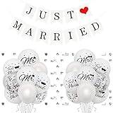 Bealif Just Married Wedding Decoration with 38 Balloons, 1pcs Just Married Banner, Just Married Car Decoration Mr and Mrs Balloons Silver Just Married Confetti for Wedding Bridal Shower Decorations