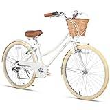 Glerc Missy 26" inch Girl Cruiser Youth Teen Woman Bike Shimano 6-Speed Teen Hybrid City Bicycle for Youth Ages 14 15 16 17 18 19 20 Years Old with Wicker Basket & Lightweight,White