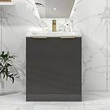 Lyon 700mm Gloss Anthracite Floor Standing Vanity Unit - 2 Door, Solid Surface Stone Basin, Brushed Brass Handle - Stylish Bathroom Upgrade