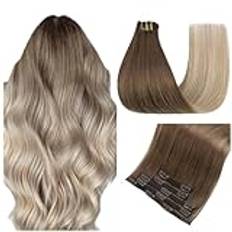Easyouth Clip in Extensions Human Hair Balayage Clip in Real Hair Extensions Clip in Ombre Hair Brown to Blonde Clip in Hair Extensions Natural Long 22 Inch 70g 5Pcs