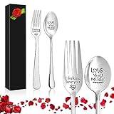 Yueshop 2PCS Stainless Steel Engraved Fork & Spoon,Exquisite Letter Dinner Fork-I Forking Love You,Love You More,Personalized Carving Fork with Luxury Box(Red Rose) Gifts for Valentine's Day Christmas