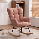 (Foam + Pink Teddy + Solid Wood) Mid-Century Modern Teddy Fabric Rocking Chair