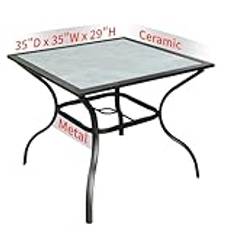 NADADI 35" Patio Dining Table, Square Indoor Outdoor Bar Table for 4, All Weather Metal Frame & Ceramic Tile Tabletop for Balcony, Backyard, Garden and Poolside - LightGray