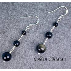 Golden obsidian earrings - 925 sterling silver - wire wrapped - gemstones - e226