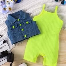 Baby's Trendy Color Clash 2pcs Summer Outfit, Ribbed Cami Bodysuit & Denim Vest Set, Toddler & Infant Girl's Clothes For Daily/holiday, As Gift - Grass Green - 12-18M