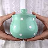 City to Cottage® Teal Blue and White Polka Dot Spotty Handmade Hand Painted Ceramic Sugar Bowl Pot with Lid | Jam Honey Jar
