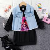 SHEIN Young Girl Character And Letter Printed Sweatshirt With Fringed Denim Vest Jacket pcsSet