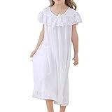 Prevently Little Girls Big Girls Lace Shoulder Crew Neck Long Sleepwear Soft Pajama Dress Nightgowns Cat Robes for Big Girls (White, 10 Years)