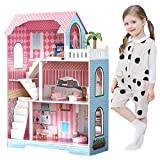 WODENY Wooden Dolls House with 15pcs Dolls Furniture & Staircase Accessories, 3-Storey Large Dollhouse Playset for Girls Kids Role Play Toy Educational Gift for Aged 3+ Years