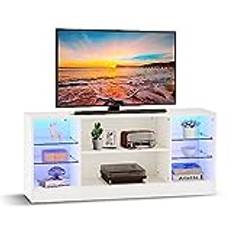 LEMROE TV Stand Cabinet 130cm with RGB LED Light for 32 40 43 50 55 inch TV Living Room Set Entertainment Unit with 8 Storage Shelves for DVD Receivers (white)