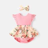 2pcs Baby Girl 100% Cotton Solid & Floral-print Spliced Lace Flutter-sleeve Romper with Headband Set