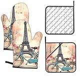 Oven Mitts and Pot Holders Set of 4 Kitchen Oven Mitts Set Heat Eiffel Tower Bike Printed Resistant Oven Mittens Potholders for Kitchen Cooking Baking BBQ