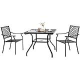 TANGZON 5 Pieces Dining Set, Outdoor Dining Table and Stackable Chairs Set with Slatted Tabletop & Umbrella Hole, Metal Frame Garden Furniture Set for Lawn, Backyard, Balcony (Table+2 Chairs)