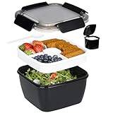 Greentainer 52 OZ to Go Salad Container Lunch Container, BPA-Free, 3-Compartment for Salad Toppings and Snacks, Salad Bowl with Dressing Container, Built-in Reusable Spoon, Microwave Safe(Black)