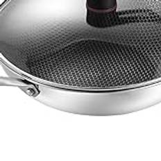 Ouitble Stainless Steel Wok Stainless Steel Wok Pan, Double-Sided 3-Layer Honeycomb, Easy-Clean 32cm/12.6in Wok for Kitchen with Cover and Ears