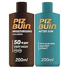 Sun Protection Bundle with Piz Buin Sun Lotion SPF 50+ 200ml and After Sun Soothing Cooling Moisturising Lotion 200ml with Aloe Vera and Mint Extract