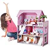 WODENY Wooden Dolls House with 11pcs Furniture & Staircase Accessories, 3-Storey Large Dollhouse Playset for Girls Kids Role Play Toy Educational Gift for Aged 3+ Years (Pink) (TYDH)