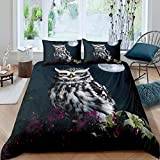 HUIJIE Bedding 4 Piece Bedding Set - Night Moon Animal Owl Plant Floral Pattern 94X87Inch Soft Easy Care Microfibre Fabric - 1 Duvet Cover + 1 Bed Sheet + 2 Pillowcases - Shrinkage Fade Resistant Bedd