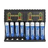 LED Display 8 Bay Battery Charger with Discharge Function for AA, AAA, Ni-Mh Ni-Cd Rechargeable Batteries，Type C and Micro USB Input(5V 2A), Fast Charging Function(4AA+4AAA-blue）