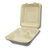 Plant Plate Biodegradable To Go Food Containers - Heavy Duty Disposable Clamshell Take Out Boxes with Lids. Designed for Restaurant Delivery or Home (8x8 Clamshell divider Container 100pck)