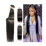 Bundles Bone Straight Bundles with Closure Human Hair Weave Extension Natural Color Straight Brazilian Remy Hair Bundles with Frontal for Black Women Hair Weft (Size : 5" x 5", Color : 38 38 38with2