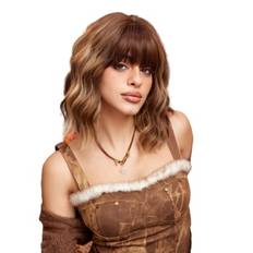 Shoulder-Length Short Curly Hair Wig with Bangs Natural and Voluminous Wavy Curls Women's Wig with Hair Net Heat Resistant Synthetic for Women Cosplay Party Daily Use